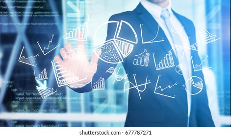 View of a Businessman touching technology interface with business and finance icons