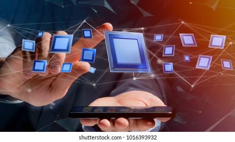 View of a Businessman using a smartphone with a Processor chip and network connection - 3d render