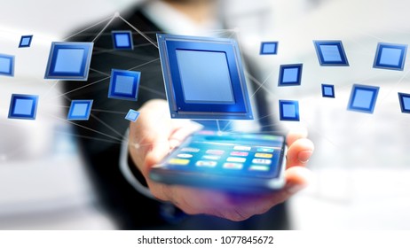 View of a Businessman using a smartphone with a Processor chip and network connection - 3d render