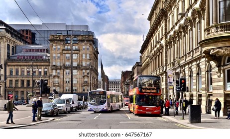 View of busy Glasgow street and George Square.  Glasgow city centre. Scotland. UK May 2017.
