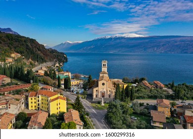 view by Drone Church in Toscalno Madreno near Garda Lake