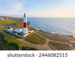View by drone of Portland Bill Lighthouse, Portland Bill, Isle of Portland, UNESCO World Heritage Site, Dorset, England, United Kingdom, Europe