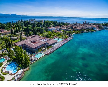 View by Drone - Sirmione, Garda Lake. spectacular view on lake, italian summer view aerial by Drone