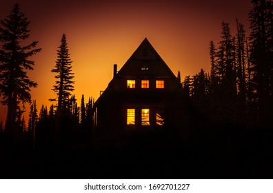 View of cabin in the woods with lit windows at sunset - Powered by Shutterstock