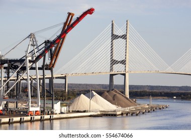 The View Of A Cable Bridge And Cranes Of Jacksonville City Port.