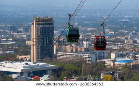 View of the cable car and the central part of the Kazakh city of Almaty on a spring morning