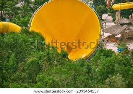 View from the cable car to the water park of the Sun World Hon Tam entertainment complex. Phu Quoc island, Vietnam.