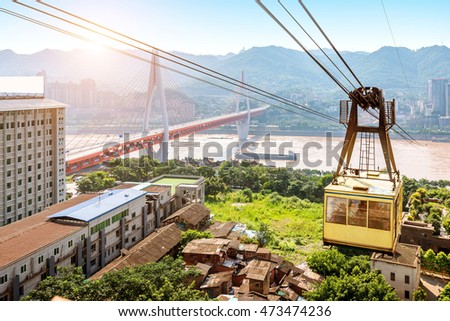 View from cableway over Yangtze river in Chongqing city (Chongqing, China)
