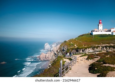 View of the Cabo da Roca Lighthouse. Sintra, Portugal. Portuguese Farol de Cabo da Roca is a cape which forms the westernmost point Eurasian land mass. 