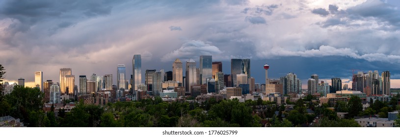 A view of Calgary's skyline during a large thunderstorm. 