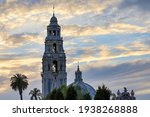 View of the California tower and Dome at the Balboa Park in San Diego, California at sunset.