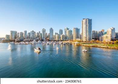 View from the Cambie Bridge. Downtown skyline in Vancouver, Canada.