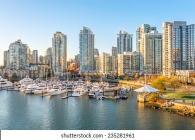 View From The Cambie Bridge. Downtown Skyline In Vancouver, Canada.