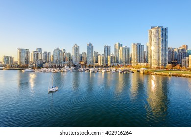 View From The Cambie Bridge. Downtown Skyline In Vancouver, Canada.