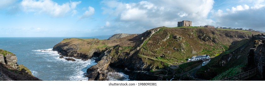 A View Of Camelot Castle From Tintagel Castle On The Coast Of Cornwall