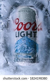 A View Of A Can Coors Light Beer Inside A Block Of Ice 