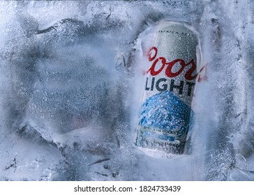 A View Of A Can Coors Light Beer Inside A Block Of Ice 