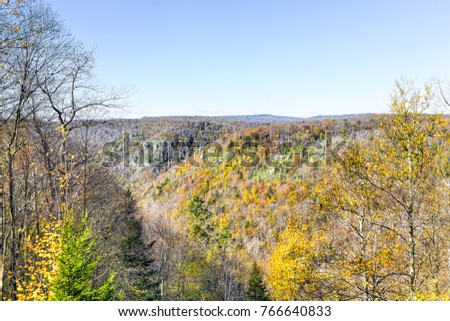 View of canaan valley mountains in Blackwater falls state park in West Virginia during colorful autumn fall season with yellow foliage on trees