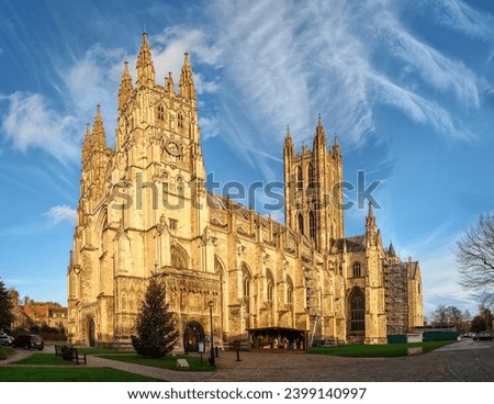 View of Canterbury cathedral in sunset rays, England