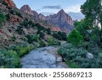 The view from Canyon Junction Bridge in Zion National Park offers stunning vistas of the Virgin River and towering red sandstone cliffs.