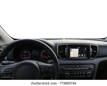 View of a car dashboard with a navigation unit. View of the empty windshield for customization.