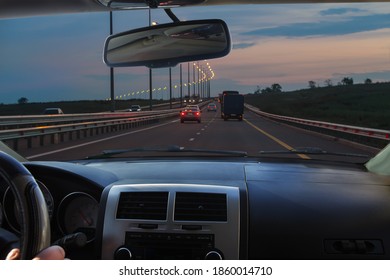 View From The Car Driving Along The Country Highway At Night