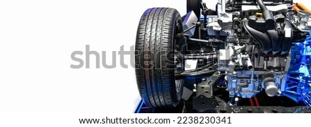  View of car engine structure installed electric chassis mounted on white background,copy space