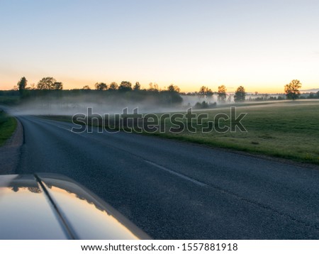 view from the car to the fog landscape and the road