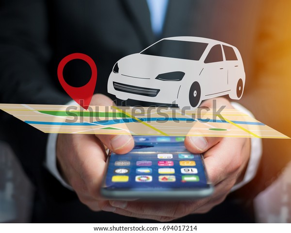 View of a Car on a map with a pin holder - GPS\
and localization concept