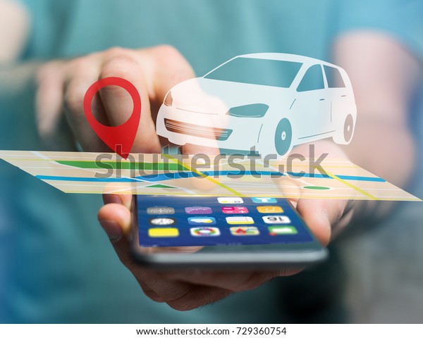 View of a Car on a map with a pin holder - GPS\
and localization concept