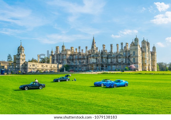 View of a car show taking place at\
the Burghley House grounds near Stamford,\
England\
