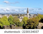 View of Cardiff city skyline and the Cardiff Castle walls from the top of the Norman keep. Cardiff, Glamorgan, Wales, United Kingdom - 16th of October 2022