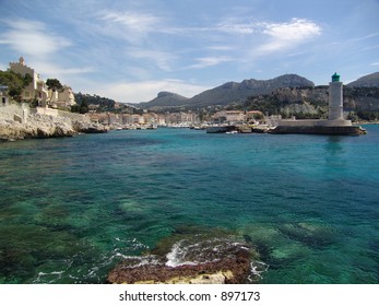 A view of Cassis, France from the sea, into the small community and it's delightful port.