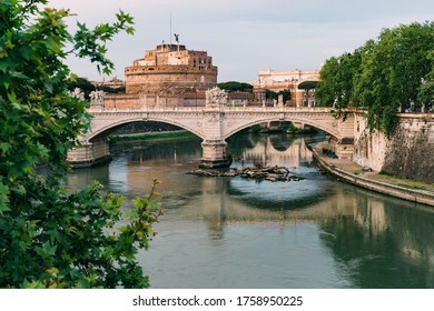 View of Castel Sant'Angelo and Ponte Sant'Angelo bridge from Ponte Vittorio, Rome, Italy