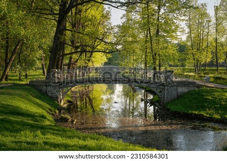 View of the cast-iron openwork bridge across the water maze channel near the White Lake in Gatchina Park on a sunny summer morning, Gatchina, St. Petersburg, Russia