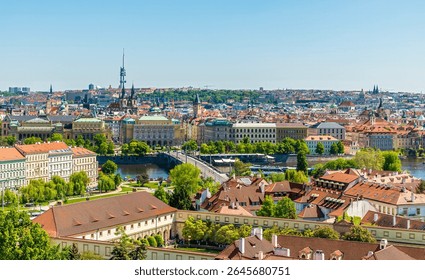 A view from the castle complex towards the Manes bridge over Vltava river in Prague in springtime