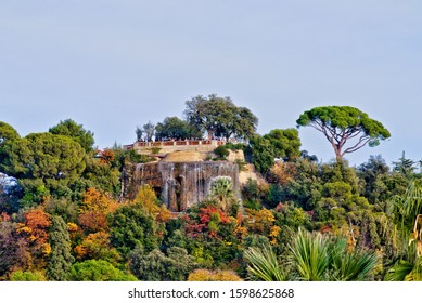 View of the Castle hill and waterfall of Nice, France, in a clear winter morning