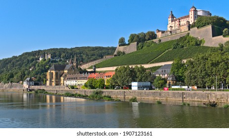 View Of The Castle And Wine Plants From The Main River In Wurzburg, Bavaria (Germany, Europe). 