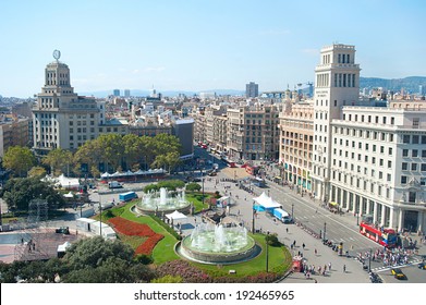 View of Catalonia Square in the sunshine day. Barcelona, Spain