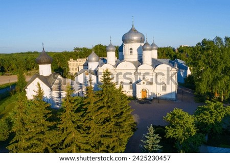 View of the Cathedral of the Intercession of the Holy Virgin on a sunny June evening. Zverin Monastery. Veliky Novgorod, Russia