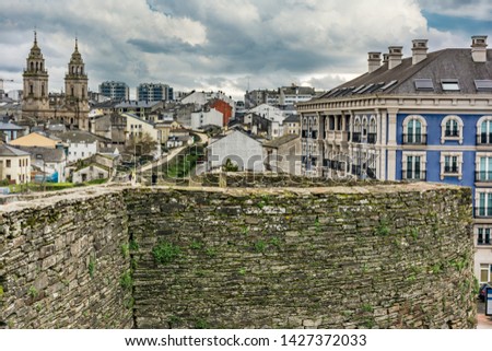 View of the Cathedral and the Wall of Lugo declared World Heritage by Unesco (Galicia, Spain)