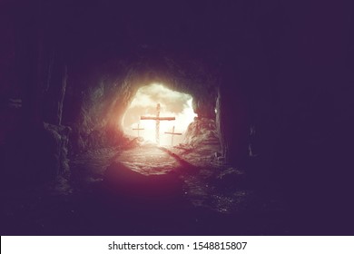 View From Cave Of Three Crosses On Hill Of Calvary, Crucifixion Of Jesus Christ Background, Resurrection Of Easter Concept