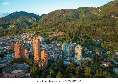 A view of the center of Bogota with the Andes in the background.