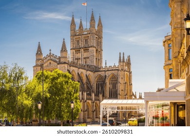 View of central Bath, England,  with Bath Abbey church on sunny summer day