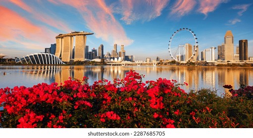 View of central Singapore: Marina Bay Sands hotel, Flyer wheel, ArtScience museum and Supergrove