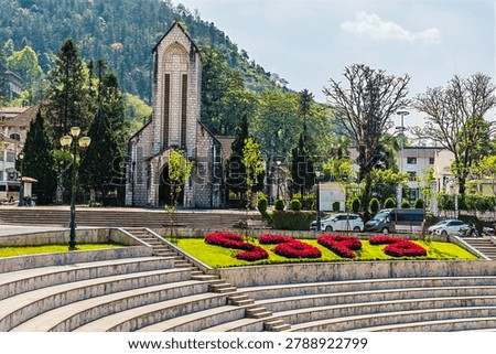 A view from the central square towards the stone church in Sapa, Vietnam, in the morning