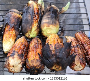 
View Of Charcoal Grill With Burnt Roasted Corn