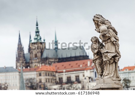 View from Charles bridge on Statue of St. Anna and lesser town with St. Vitus Cathedral