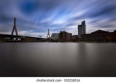 View Of Charlestown Bridge In Boston. Long Exposure Shot