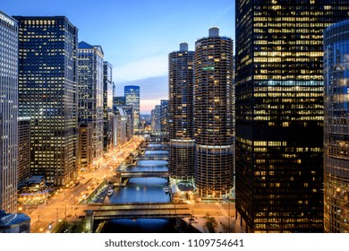 A View Of The Chicago River At Dusk From The London House Rooftop Bar In Chicago, Illinois On May 15, 2018.  